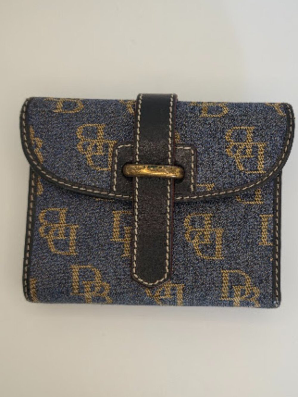 Vintage Dooney & Bourke DB Signature Monogram Blue Canvas & Leather Wallet